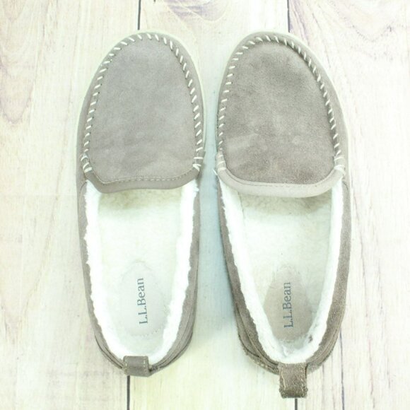 LL Bean Cement Suede Slip On Fleece Lined Mountain Moccasin Slippers Size 8 M - Picture 7 of 9
